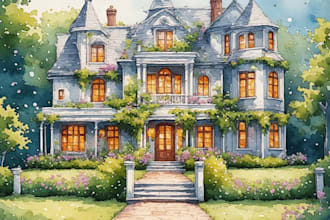 draw watercolor wedding venue, house and building
