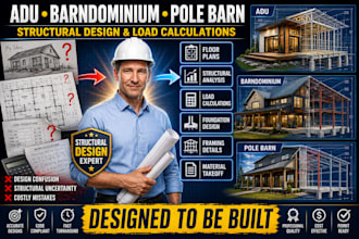 design adu, barndominium, pole barn house plan with structural load calculation