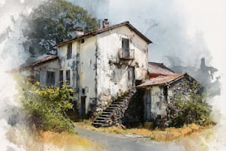 draw house and building photo into watercolor art