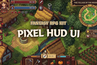 create custom pixel art ui, game hud, icons, frame, bars, and gui assets