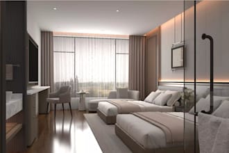furnish 3d hotel bedroom,penthouse interior render,cgi livingroom layout,archviz