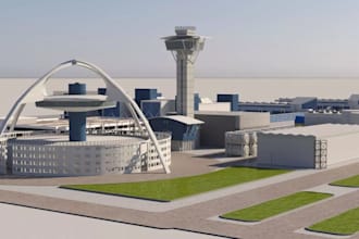 control tower vertiports, high fidelity scenery, airport signage render, apron