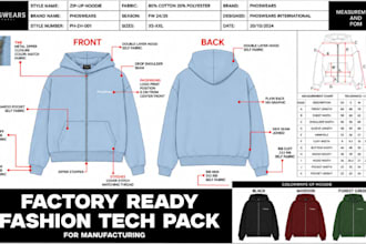 design fashion tech pack technical sketches zip up hoodie for manufacturing