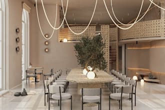 design 3d japandi restaurant interior, minimalist cafe concept, realistic render