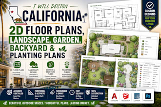 design california 2d floor plans, landscape, garden, backyard and planting plans