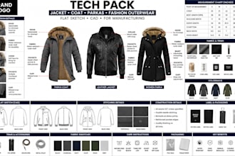 do tech pack for jacket, coat, parkas, fashion outerwear for manufacturing