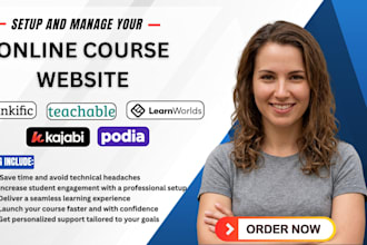 setup, upload online course on teachable, thinkific, kajabi, podia, community