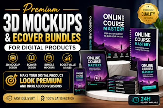 design 3d mockup, online course bundle, digital product mockup or ecover bundle