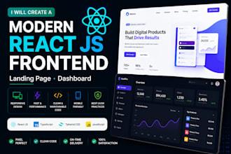 create a modern react js frontend, landing page, dashboard