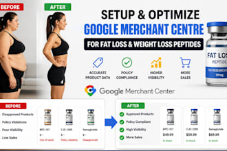 setup and fix google merchant center for fat loss weight loss, peptides products