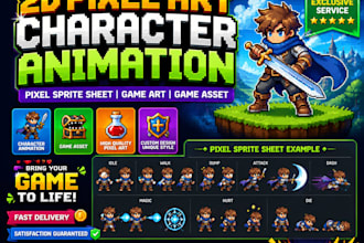 create 2d pixel art character animation, pixel sprite sheet, game art game asset