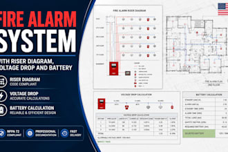 design fire alarm system with riser diagram, voltage drop and battery backup
