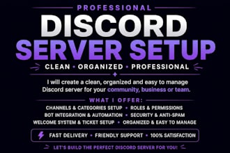 create a professional and fully customized discord server with roles, cha