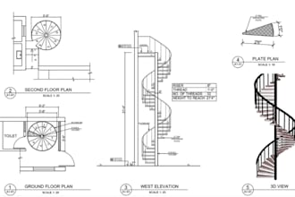design 3d steel, glass and wood stairs, railing with 2d cad drawings