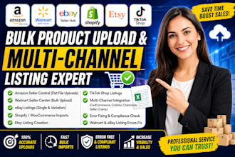 do product listing bulk upload amazon, walm, e, shopify store integration