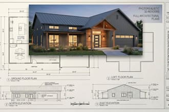 design barndominium with photorealistic 3d renders and full architectural plans