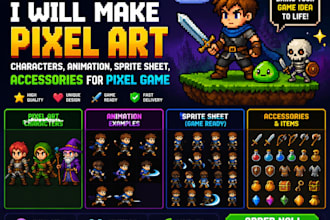 make pixel art characters animation, sprite sheet, accessories for pixel game