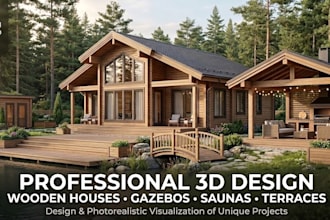 create 3d models of wooden cabins and eco houses