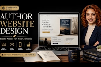 design a squarespace author website with book landing page and writer portfolio