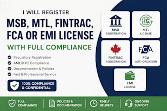 register msb, mtl, fintrac, fca or emi license with full compliance