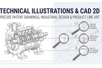 create technical line drawings, patent illustrations and 2d cad drawings
