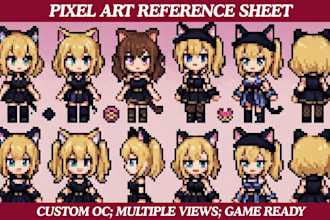 create 2d pixel art character reference sheet, turnaround for oc and game ready