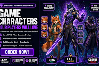 design furry game characters, npcs, heroes and character sheet for visual novel