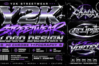 expertly design y2k streetwear logo 3d chrome typography
