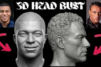 sculpt realistic 2d to 3d head bust custom 3d head model stl, 3d likeness