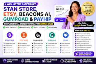 setup stan store, etsy, beacons ai, gumroad and payhip digital store tiktokshop