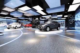 design realistic 3d car showroom, vehicle display and maintenance center