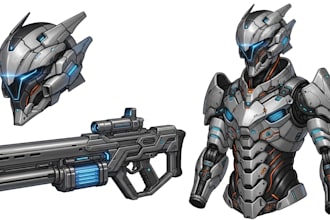 draw mecha helmet, weapon, armor concept
