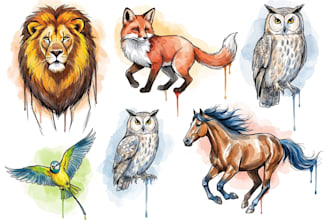 draw animals in sketchy lineart with watercolour