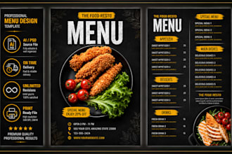 design printable restaurant menu, trifold food menu, cafe menu and price list