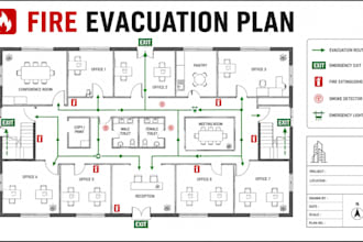 design fire evacuation plan, emergency exit map and safety floor plan