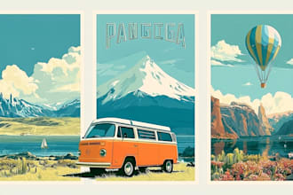 create illustrated vintage retro poster or flyer for travel art deco wall art