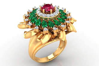 make luxury pear emerald ring, gold oval cluster gemstone halo ring, 3dm render