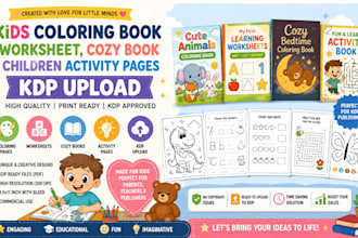 design kids coloring book, worksheet, cozy book, children activitiy pages, kdp