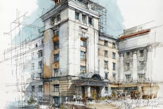 sketch architecture building with watercolor rendering