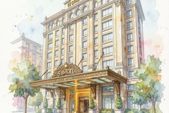 sketch architecture building with watercolor rendering