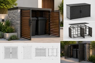 do hardscape design, garbage container shed, outdoor garbage bin enclosure