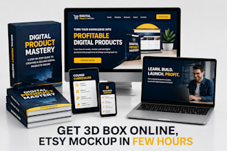 design etsy digital 3d product software box, online course mockups