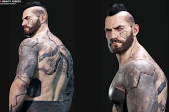 mod male mesh character, aaa character, low poly add texturing, retoplogy uv map