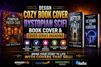 design cozy book cover, dystopian scifi, book cover and cover series branding