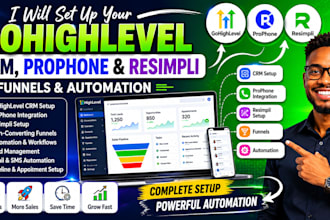 set up gohighlevel CRM, prophone, resimpli, funnels and automation