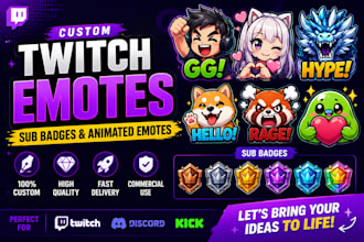 design custom twitch emotes, sub badges and animated emotes