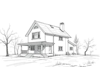 drawing sketch of house, and other buildings
