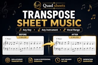 transpose sheet music to any key, instrument or vocal range professionally