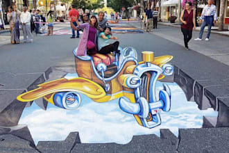 design stunning 3d floor illusion, anamorphic pavement art, wall and carpet