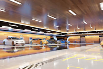 design 3d luxury garage,underground car park, showroom render,cgi polished floor